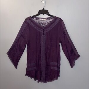 Solitaire Purple Bohemian Blouse Embroidery Lace Size L Gauzy Hippie‎ Whimsigoth